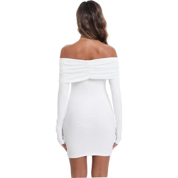 Womens Off The Shoulder Long Sleeves Mini Dress White - Picture 4 of 6
